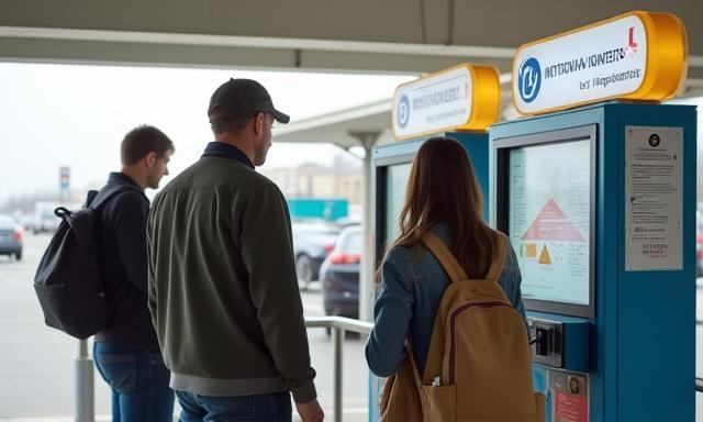 Tourists purchasing vignette at border kiosk