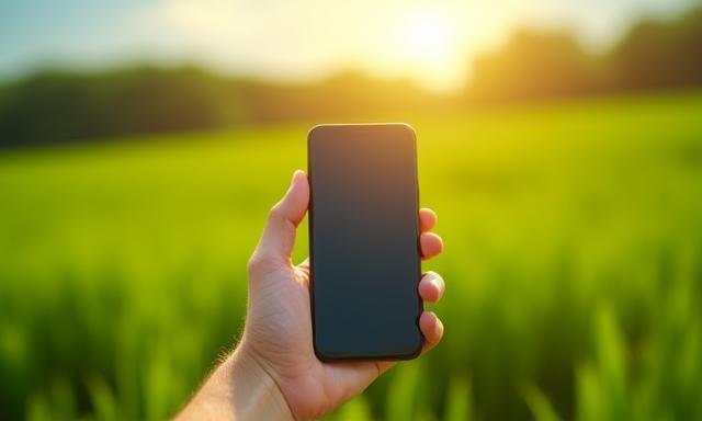 Hand holding phone with digital vignette confirmation against green landscape